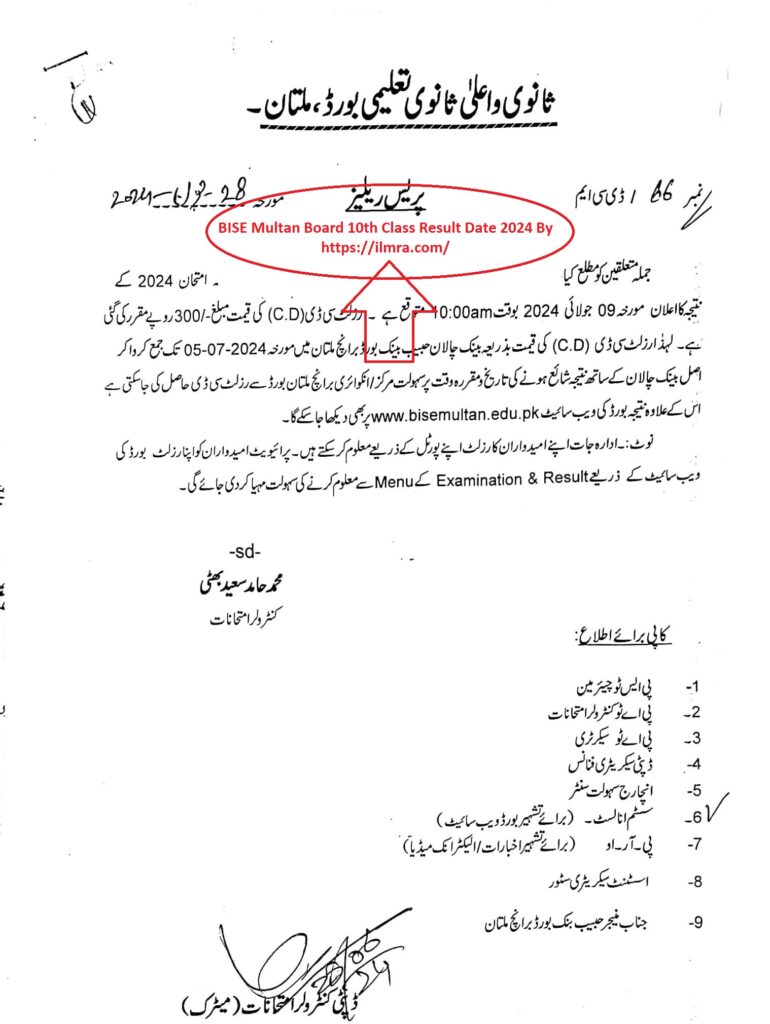 BISE Multan Board 10th Class Result Date 2024